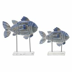 Deals ✨ DecMode Coastal Tribal-Printed Wooden Buff Fish Sculptures With Iron Stand - Set Of 2 ✨